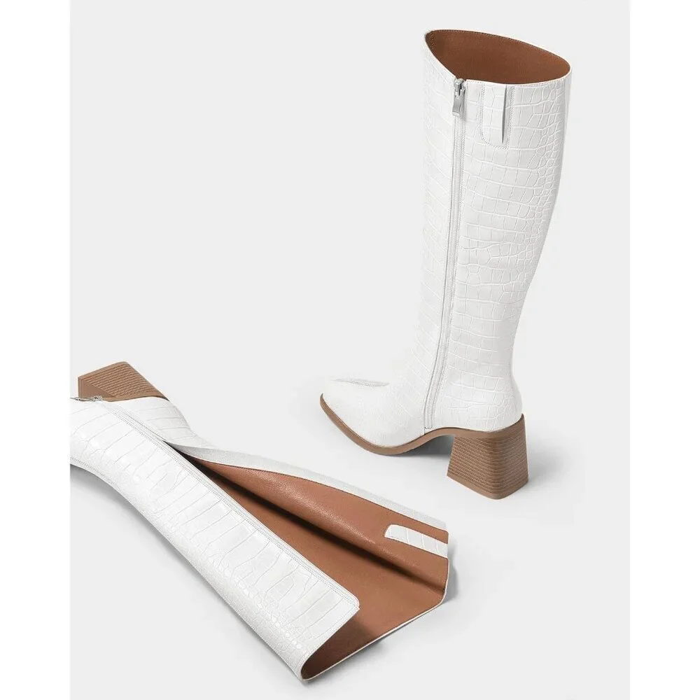 Women Crocodile White Polyurethane Knee High Square Toe Block Heel Tall Boots